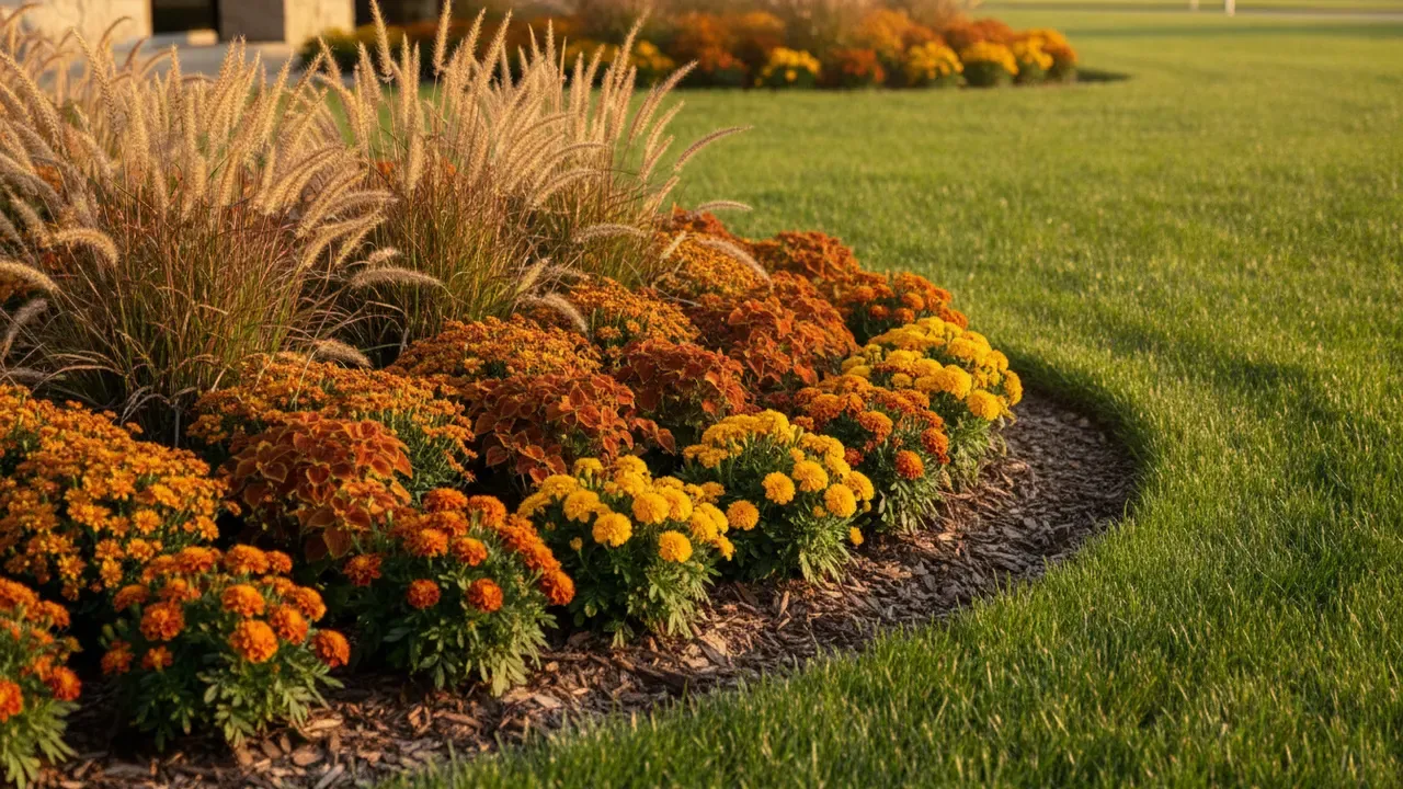 A designed seasonal-color bed of warm amber, rust, and gold annuals with feathery ornamental grasses and a clean mulch edge, backlit by low golden sun
