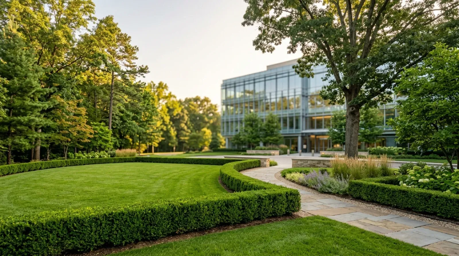 A premium corporate-campus entrance landscape with manicured turf, clipped boxwood hedges, and a mature tree canopy in front of a modern office building, in soft morning light