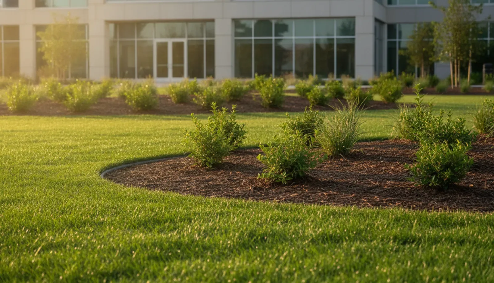 A freshly completed commercial landscape installation: newly laid green sod meeting crisp mulched planting beds and young shrubs beside a modern office building in morning light