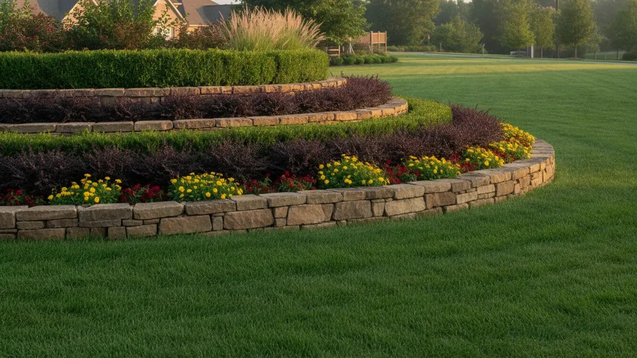 An HOA community entrance with a monument-sign planting bed of layered shrubs and seasonal color, immaculate turf, and a stacked-stone border