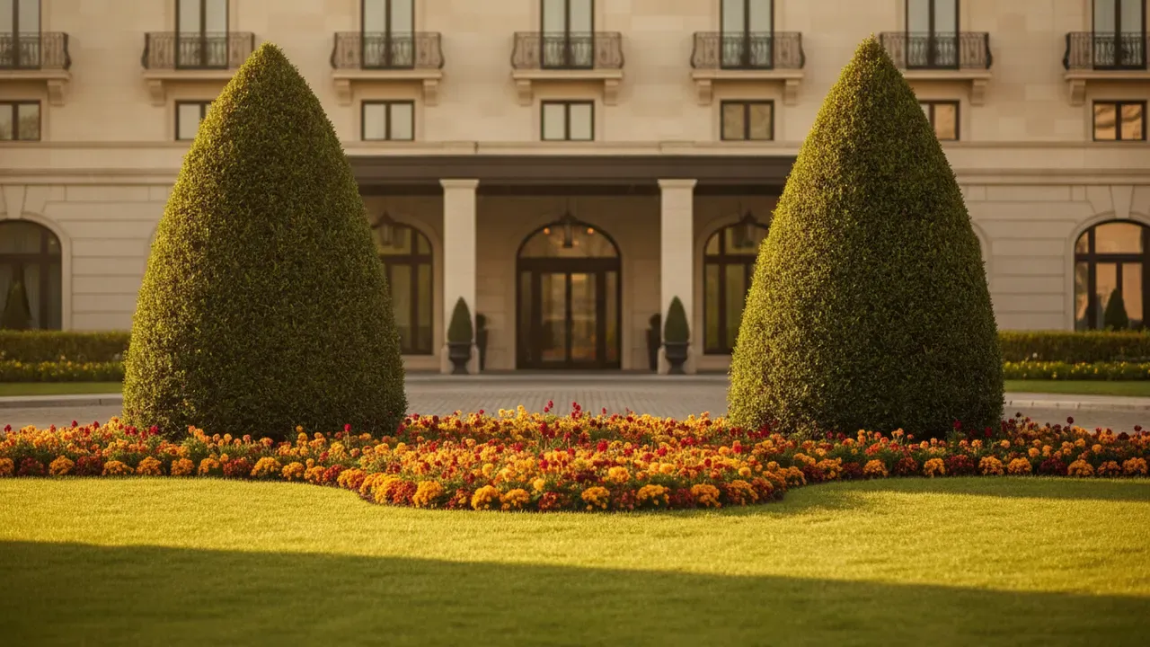 An elegant hotel entrance landscape with a manicured entry lawn, a formal seasonal flower bed, and sculpted evergreens flanking the approach