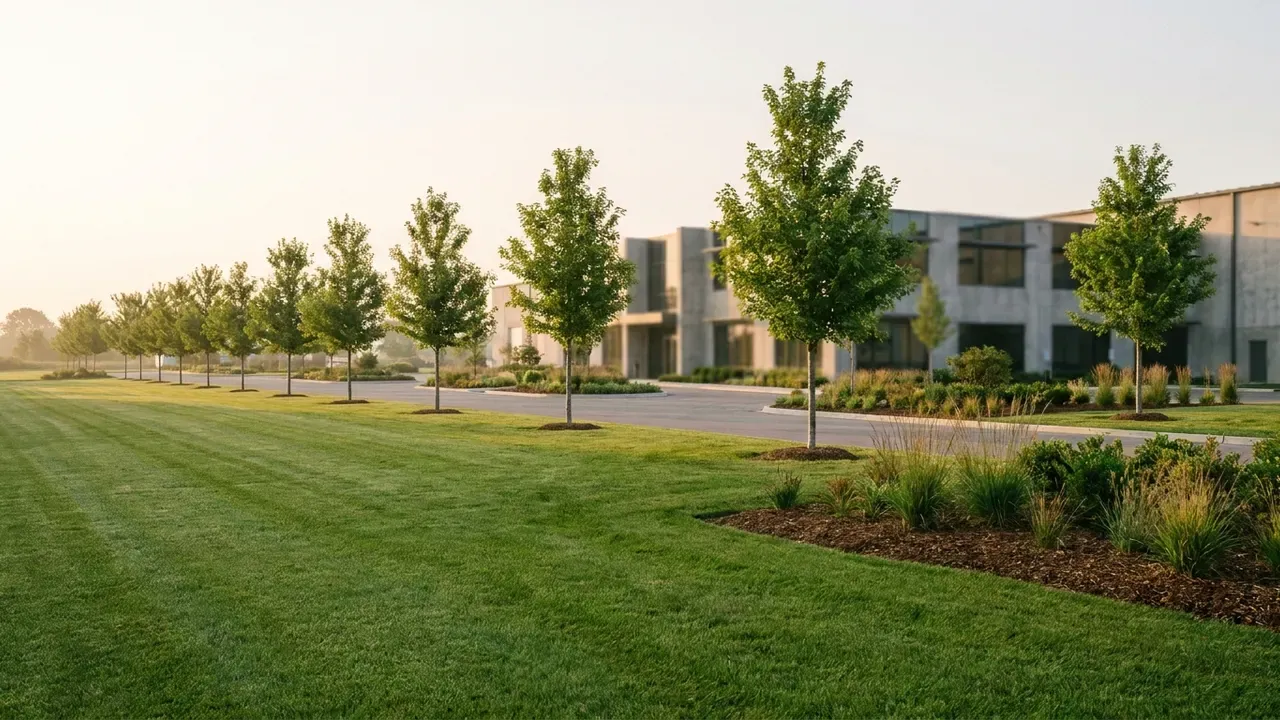 A well-maintained industrial-site landscape with broad tidy turf, a row of uniform young shade trees along a drive, and clean mulched foundation beds against a modern low building