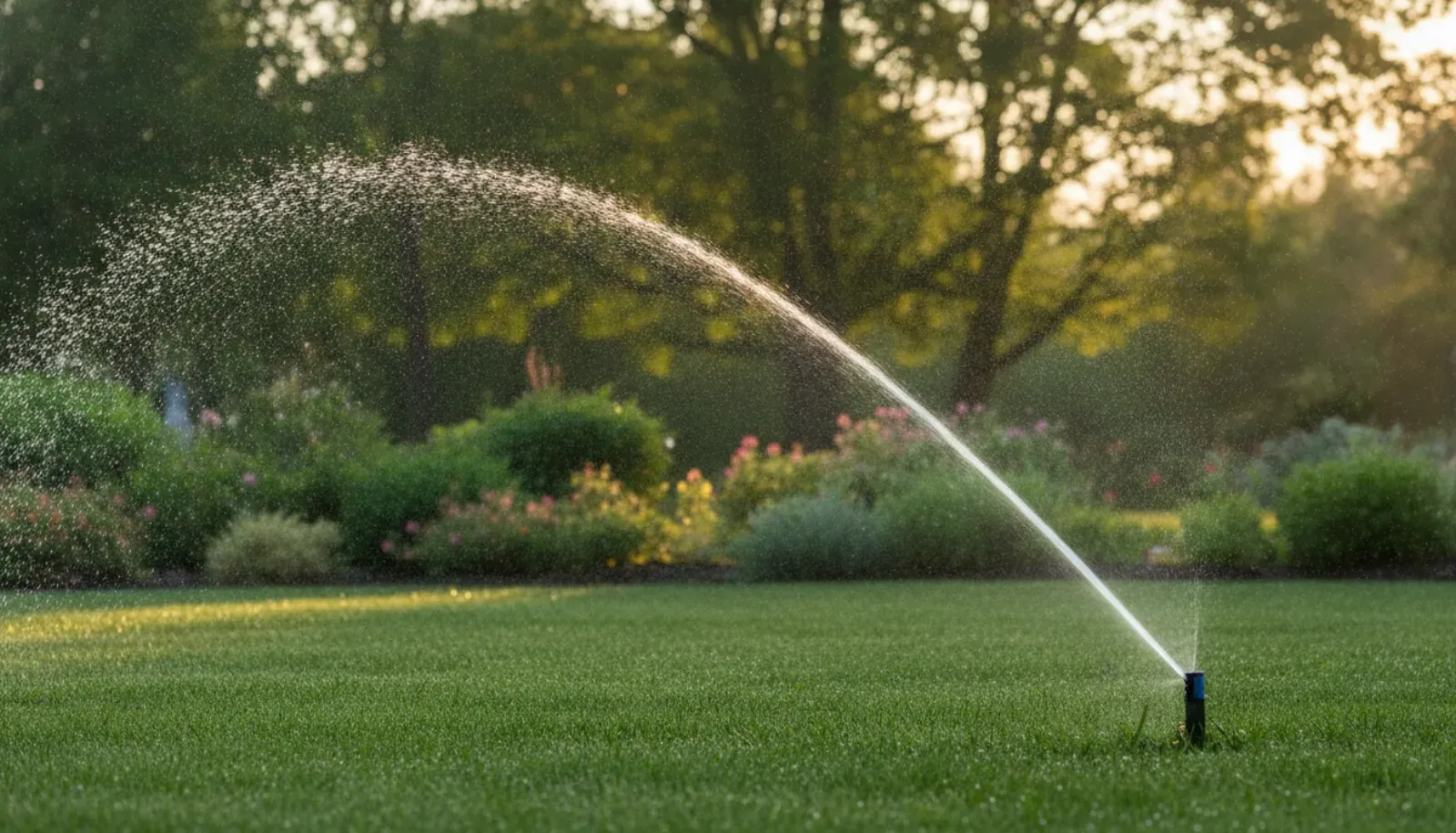 An irrigation sprinkler head throwing a fine arc of water across healthy green turf at first light, backlit droplets sparkling above a planting bed and mature canopy