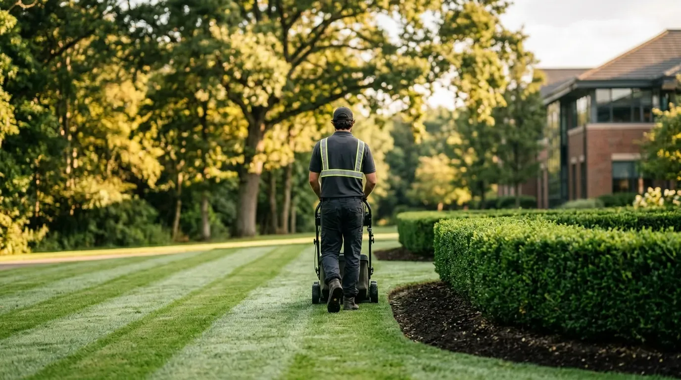 A grounds crew member mowing crisp stripes into a commercial lawn beside a clipped boxwood hedge and clean mulch edge in morning light