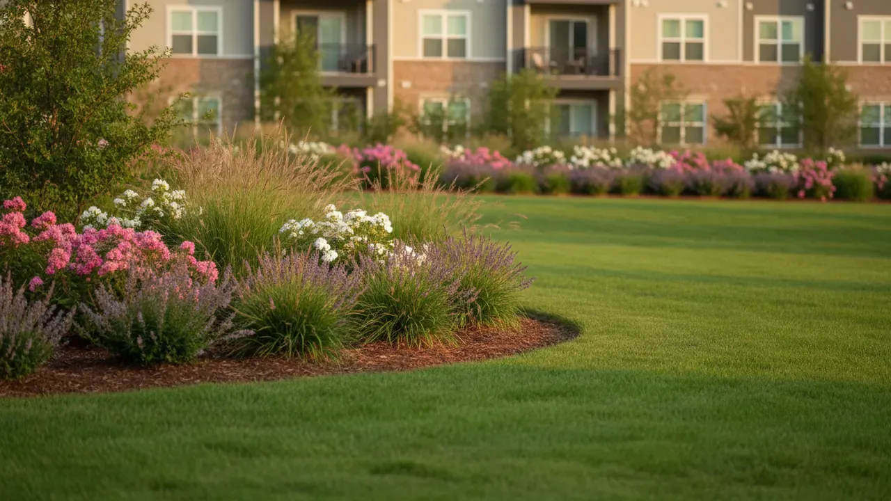 A beautifully maintained apartment-community landscape with lush turf, layered planting beds, and ornamental grasses in front of a modern multifamily building