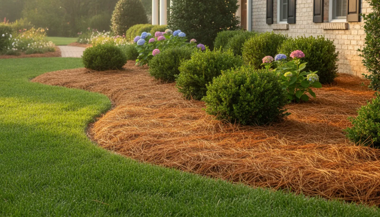 Freshly installed pine-straw mulch around trimmed boxwood shrubs and blooming hydrangeas meeting a clean, healthy lawn edge on a well-kept residential landscape in soft morning light