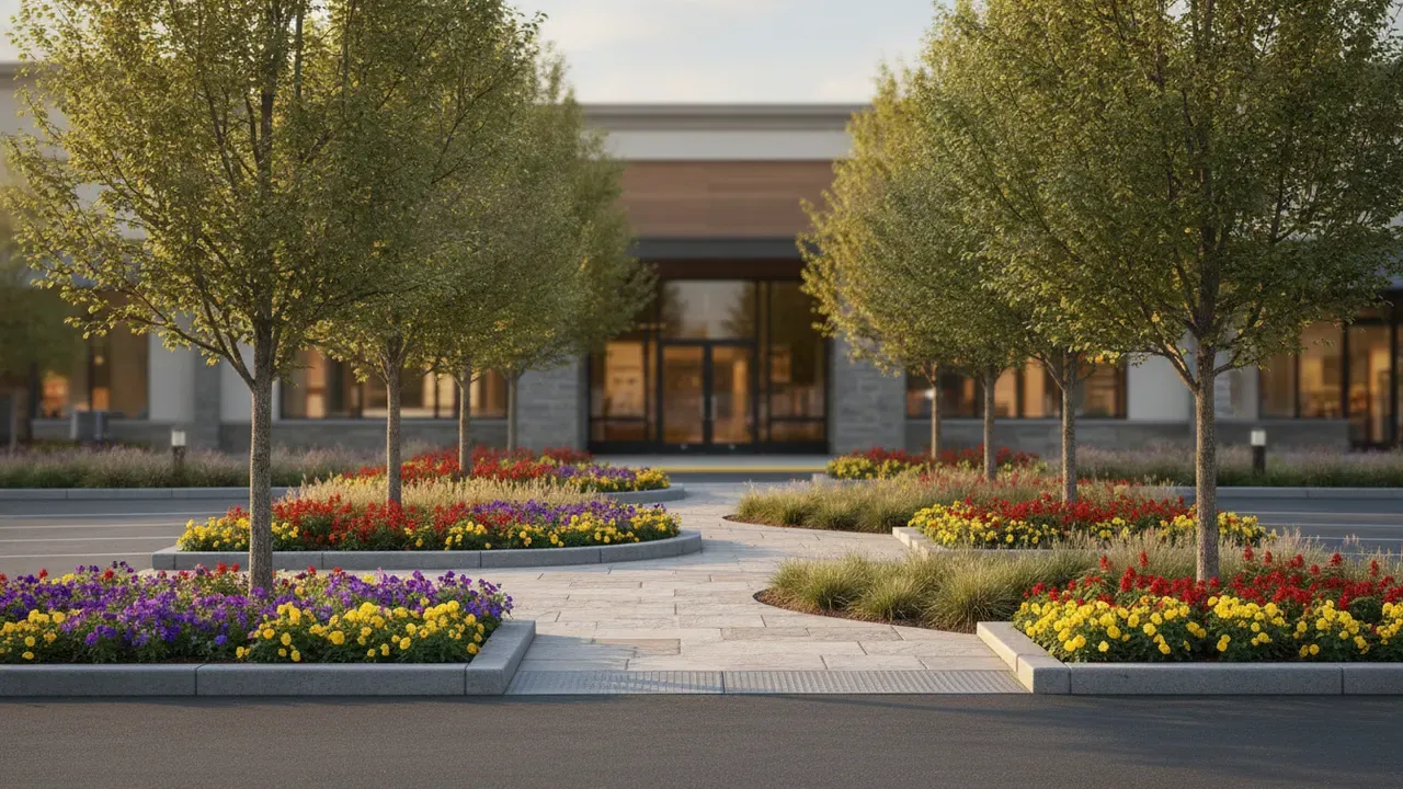 A well-kept retail shopping-center landscape with tidy parking-island plantings, ornamental trees, and seasonal color along a walkway