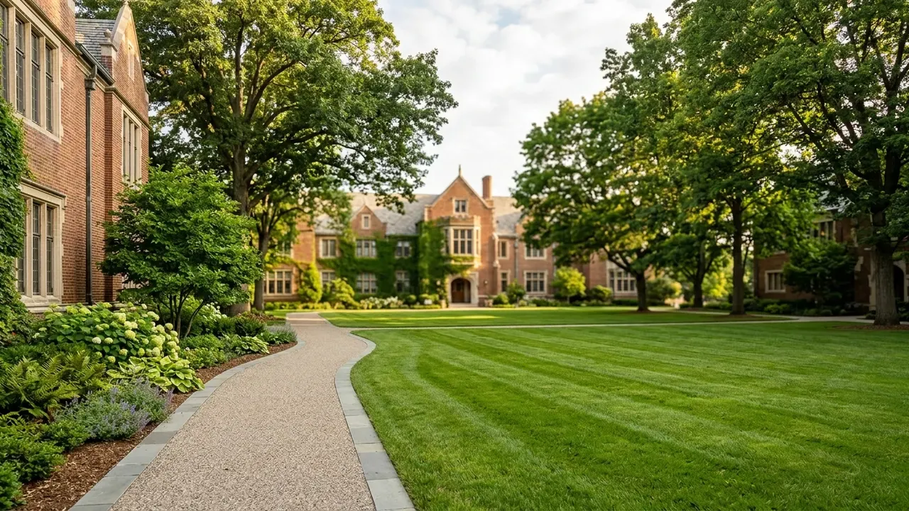 A private-school campus with a broad manicured quad lawn framed by mature trees and tidy foundation planting beds along a brick academic building