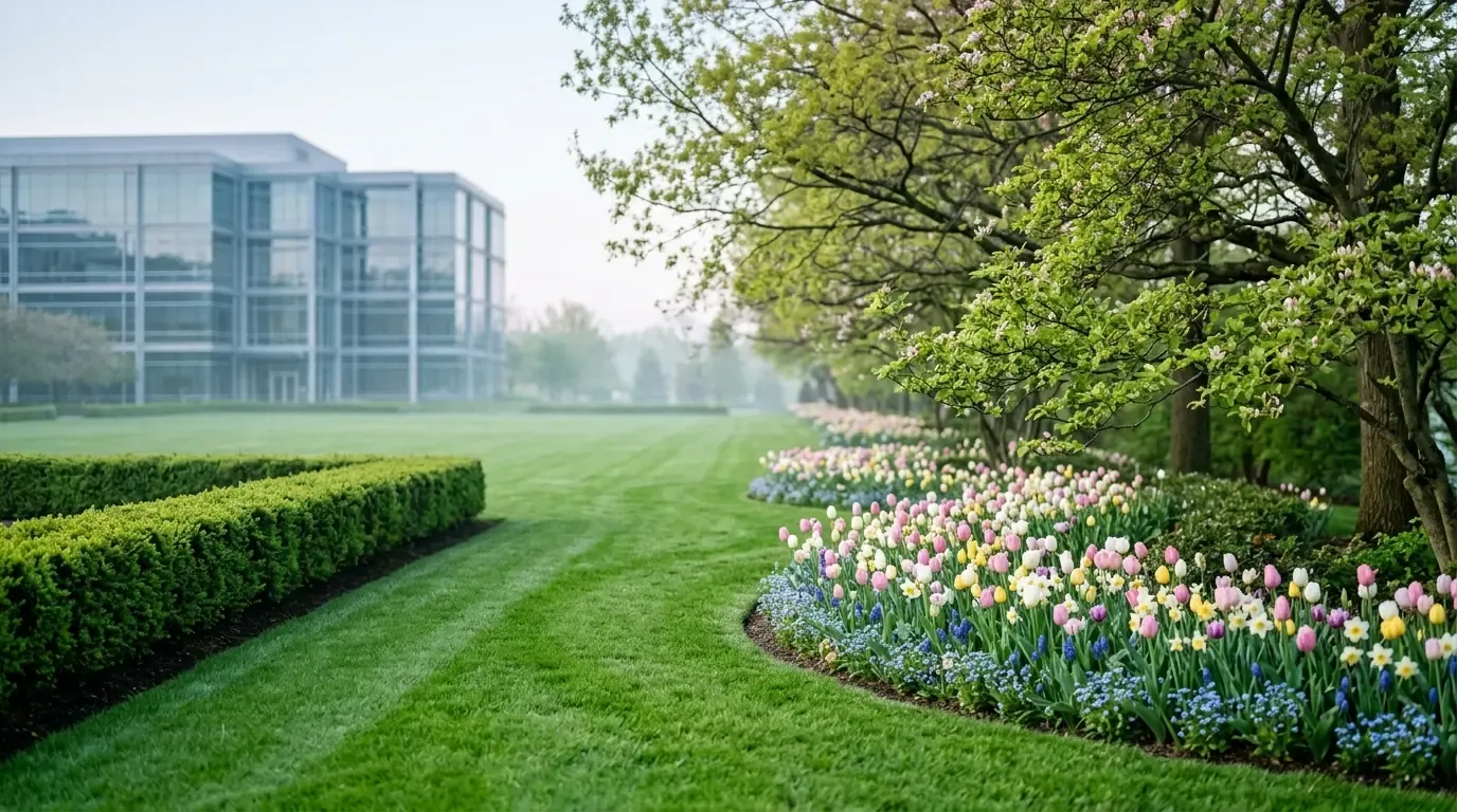 A freshly edged and mulched planting bed against green turf in soft early-spring light on a managed commercial property