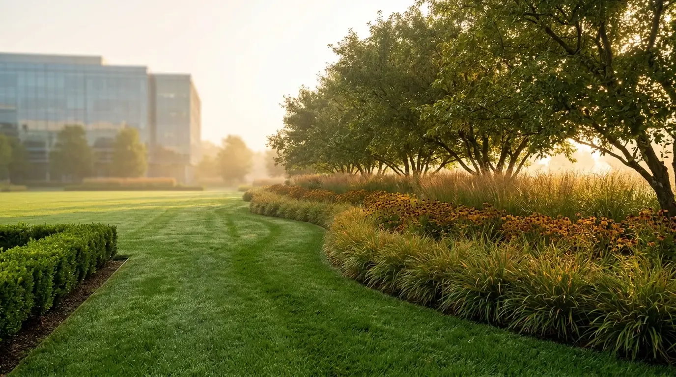 Lush, densely green summer turf and full planting beds on a well-maintained commercial landscape at midday